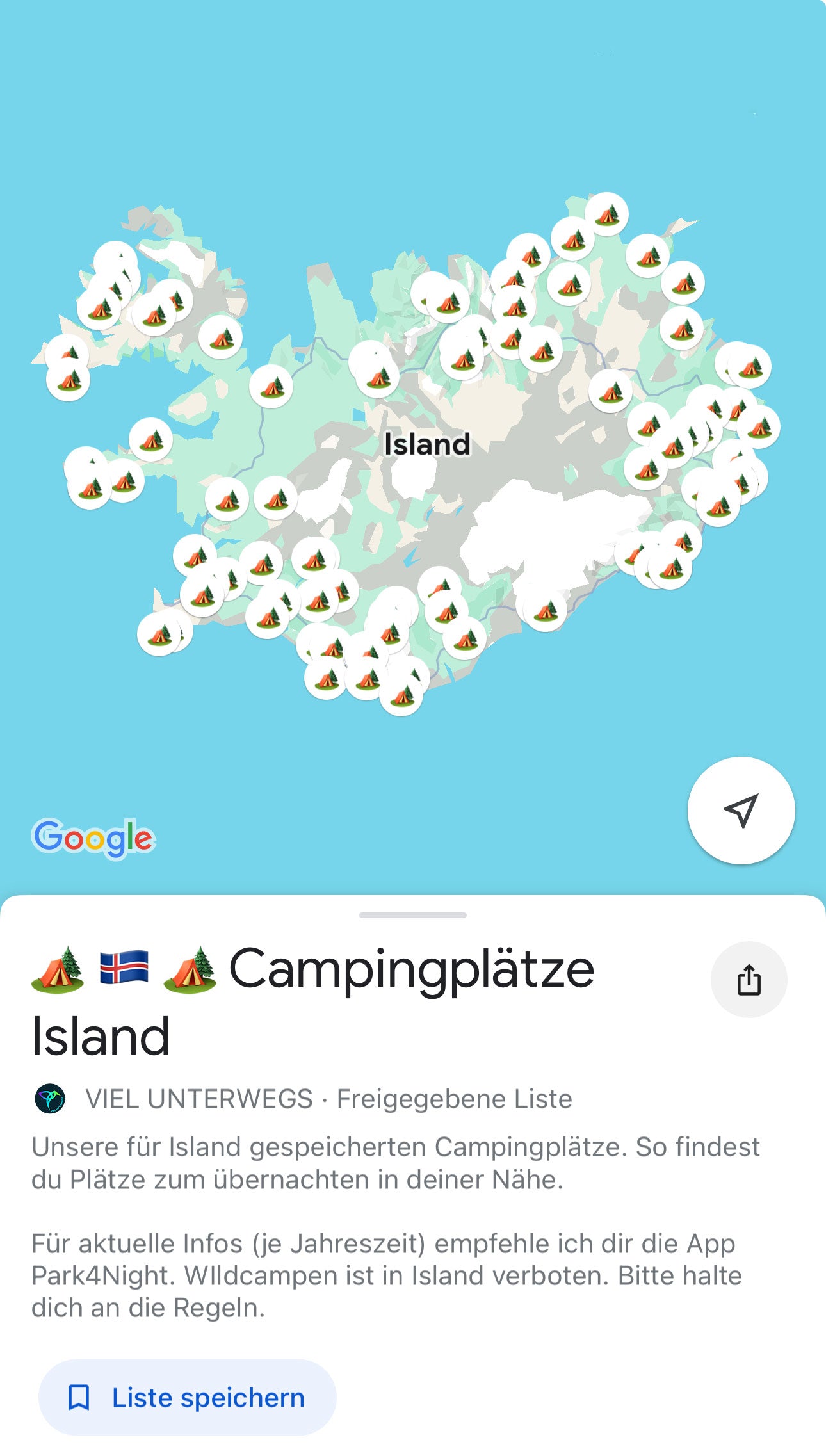 Island Guide: Google Maps Karte (App) mit Sehenswürdigkeiten, Essen, Campingplätze