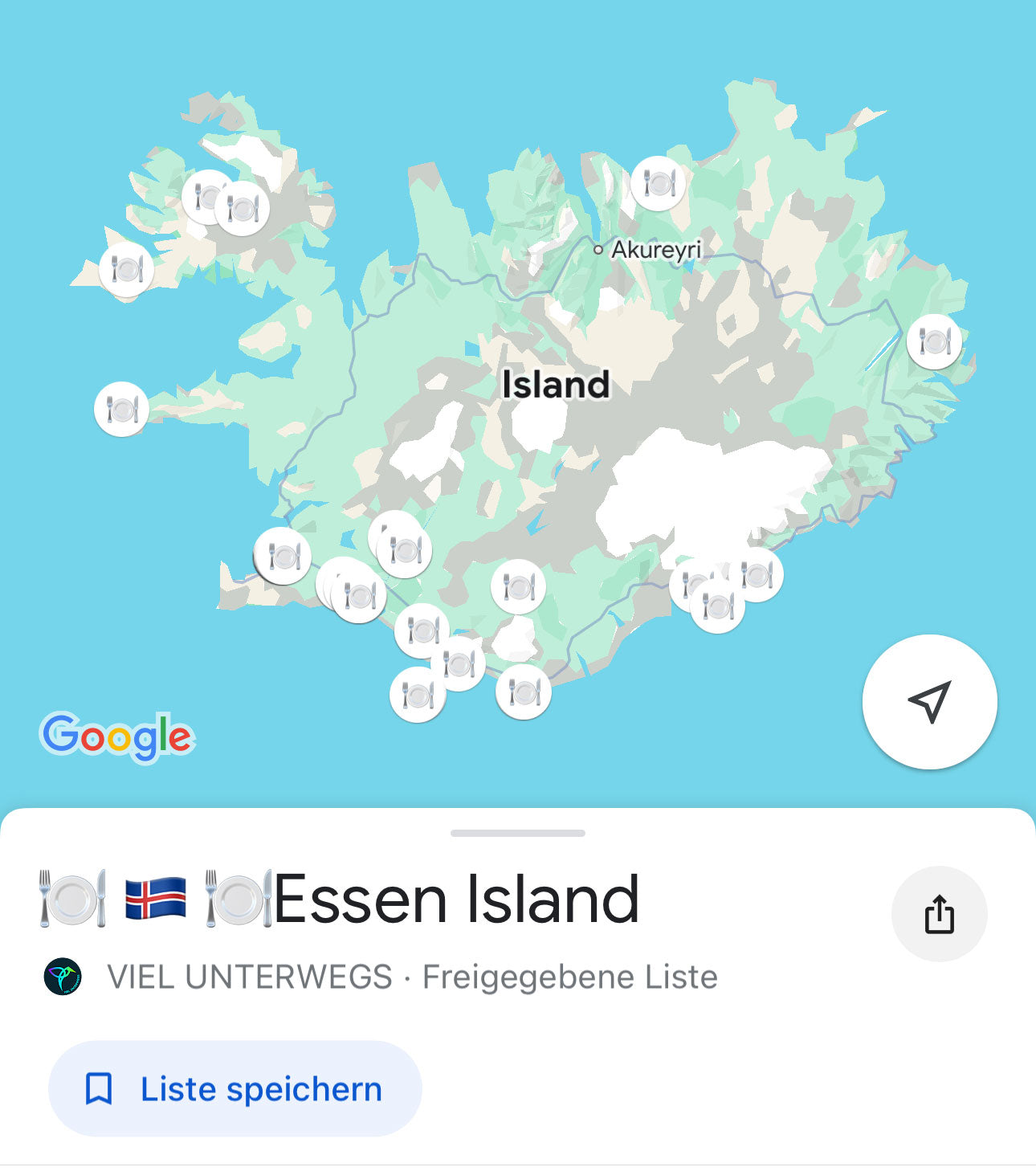 Island Guide: Google Maps Karte (App) mit Sehenswürdigkeiten, Essen, Campingplätze